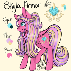 Size: 4096x4096 | Tagged: safe, artist:g-jnotes, princess skyla, pegasus, pony, g4, absurd resolution, alternate name, female, mare, name, older skyla, race swap, reference sheet, signature, simple background, solo, yellow background