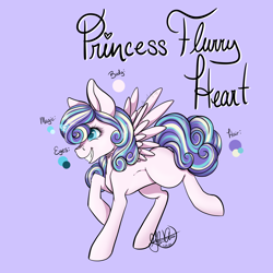 Size: 4096x4096 | Tagged: safe, artist:g-jnotes, princess flurry heart, alicorn, pony, g4, absurd resolution, alternate design, female, filly, filly flurry heart, foal, grin, name, older, older flurry heart, purple background, reference sheet, simple background, smiling, solo, standing on two hooves