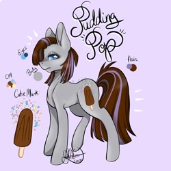 Size: 1440x1440 | Tagged: safe, artist:g-jnotes, oc, oc only, oc:pudding pop pie, earth pony, pony, female, frown, mare, name, offspring, parent:cheese sandwich, parent:pinkie pie, parents:cheesepie, purple background, reference sheet, signature, simple background, solo