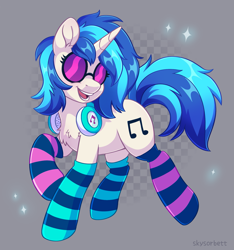 Size: 2035x2173 | Tagged: safe, artist:skysorbett, dj pon-3, vinyl scratch, pony, unicorn, g4, clothes, female, fluffy, glasses, gray background, grid, headphones, high res, horn, mare, open mouth, open smile, raised hoof, raised leg, signature, simple background, smiling, socks, solo, sparkles, striped socks, teeth, trotting, turned head, vinyl's glasses