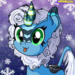 Size: 1980x1986 | Tagged: safe, artist:codenamekid, oc, oc only, oc:solstice the snow kirin, kirin, :3, :p, cute, digital art, glitter, highlights, horn, kirin oc, kirinbetes, looking at you, scales, shading, snow, snowfall, snowflake, solo, striped horn, tongue out