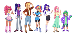 Size: 6470x3000 | Tagged: safe, artist:supahpure, applejack, fluttershy, pinkie pie, rainbow dash, rarity, spike, twilight sparkle, human, g4, absurd resolution, clothes, converse, cutie mark on clothes, dragon hoodie, dress, female, grin, height difference, hoodie, human spike, humanized, male, mane seven, mane six, moderate dark skin, necktie, ponytail, septet, shoes, simple background, smiling, white background