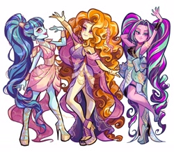 Size: 2048x1786 | Tagged: safe, artist:libbly_libby, adagio dazzle, aria blaze, sonata dusk, human, equestria girls, g4, clothes, commission, female, greek clothes, greek goddess, open mouth, open smile, raised arm, sidemouth, simple background, smiling, the dazzlings, trio, trio female, white background