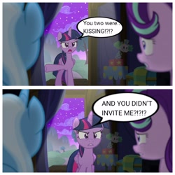 Size: 4096x4096 | Tagged: safe, artist:trrrebleee, edit, edited screencap, screencap, starlight glimmer, trixie, twilight sparkle, alicorn, pony, unicorn, g4, no second prances, chat, comic, female, horn, implied kissing, kissing, lesbian, mare, meme, screencap comic, ship:startrix, shipping, trio, twilight sparkle (alicorn)