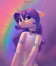 Size: 1700x2000 | Tagged: safe, artist:falses, rarity, pony, unicorn, g4, accessory, alternate hairstyle, armband, blushing, choker, crossed hooves, draw this in your style, floppy ears, fog, horn, rainbow, shackles, solo