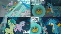 Size: 2000x1125 | Tagged: safe, edit, edited screencap, editor:quoterific, screencap, gallus, ocellus, sandbar, silverstream, smolder, yona, g4, school raze, amulet, amulet of aurora, crown, crown of grover, jewelry, knuckerbocker's shell, regalia, school of friendship, shell, student six