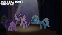 Size: 2000x1125 | Tagged: safe, edit, edited screencap, editor:quoterific, screencap, starlight glimmer, trixie, twilight sparkle, alicorn, pony, unicorn, g4, no second prances, season 6, cage, female, horn, spotlight, stage, trio, trio female, twilight sparkle (alicorn)