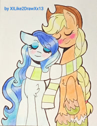 Size: 1280x1646 | Tagged: safe, artist:xilike2drawxx13, applejack, coloratura, earth pony, g4, clothes, cute, duo, duo female, female, hat, lesbian, not oc, scarf, shared clothing, shared scarf, ship:rarajack, shipping, striped scarf