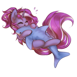 Size: 2500x2500 | Tagged: safe, alternate character, alternate version, artist:mirroredsea, oc, oc only, oc:mercurial, pony, shark, unicorn, blåhaj, commission, cute, female, horn, hug, mare, plushie, shark plushie, smiling, solo, ych result