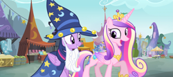 Size: 2425x1080 | Tagged: safe, composite screencap, edit, edited screencap, screencap, allie way, ponet, princess cadance, twilight sparkle, alicorn, pony, unicorn, g4, three's a crowd, cloak, clothes, concave belly, costume, cute, fake beard, folded wings, hat, horn, open mouth, physique difference, sisters-in-law, slender, smiling, star swirl the bearded costume, thin, twilight sparkle (alicorn), wings, wizard hat