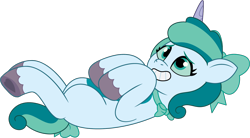 Size: 1338x739 | Tagged: safe, artist:prixy05, oc, oc only, oc:prixy, pony, unicorn, g5, my little pony: tell your tale, adoraprixy, behaving like a cat, bow, colored sclera, female, hair bow, horn, lying down, mare, neck bow, on back, simple background, solo, tail, tail bow, transparent background, vector