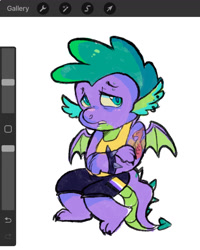 Size: 1042x1300 | Tagged: safe, artist:kreeeeeez, peewee, spike, dragon, g4, art program in frame, nonbinary, nonbinary spike, older, older spike, pride, pride flag, procreate app, solo, spiked wristband, tattoo, teenage spike, teenaged dragon, teenager, winged spike, wings, wristband