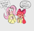 Size: 2274x2039 | Tagged: safe, artist:fumisuke, artist:picklecestous, apple bloom, fluttershy, human, g4, :d, age difference, apple bloom's bow, blushing, bow, clothes, dialogue, duo, hair bow, humanized, nervous, open mouth, open smile, shipping, smiling, sweat, sweatdrop, sweater, sweatershy, text