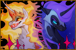 Size: 2480x1654 | Tagged: safe, artist:qswomozi, daybreaker, nightmare moon, alicorn, pony, g4, bust, crown, digital art, duo, duo female, ethereal mane, evil sisters, evil smile, eyelashes, eyeshadow, fangs, female, flowing mane, flowing tail, glowing, glowing eyes, helmet, high res, horn, jewelry, lidded eyes, looking at you, makeup, mane of fire, mare, passepartout, portrait, regalia, siblings, sisters, smiling, smiling at you, sparkles, starry mane, stars, sternocleidomastoid, tail