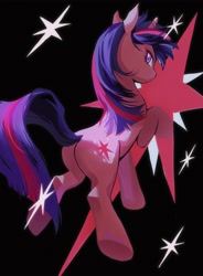 Size: 3518x4768 | Tagged: safe, artist:qianhe498, twilight sparkle, pony, unicorn, g4, absurd resolution, aside glance, backwards cutie mark, black background, butt, female, horn, looking at you, looking back, looking back at you, mare, plot, rear view, simple background, solo, twibutt, unicorn twilight