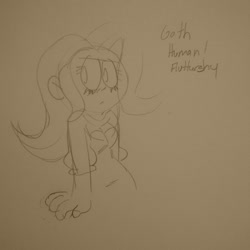 Size: 1200x1200 | Tagged: safe, artist:fumisuke, artist:picklecestous, fluttershy, human, g4, blushing, eyelashes, goth, humanized, looking to the left, pencil drawing, sketch, small mouth, traditional art