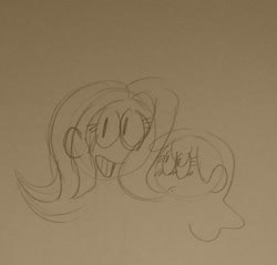 Size: 1066x1018 | Tagged: safe, artist:fumisuke, artist:picklecestous, apple bloom, fluttershy, human, g4, :/, age difference, blushing, duo, female, flutterbloom, head only, humanized, lesbian, looking at you, looking up, pencil drawing, shipping, sketch, smiling, smiling at you, traditional art