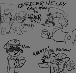 Size: 560x540 | Tagged: artist needed, source needed, safe, copper top, diamond tiara, silver spoon, earth pony, pony, g4, badge, clothes, coffee, comic, gray background, grayscale, hat, implied anon, implied foalcon, implied oc, lineart, monochrome, necktie, nice, officer, police, police officer, simple background, sketch, south park, trio