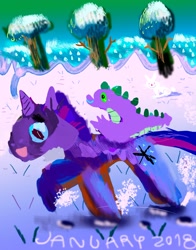 Size: 1200x1529 | Tagged: safe, artist:cutebrows, spike, twilight sparkle, dragon, pony, rabbit, unicorn, g4, animal, dragons riding ponies, duo, duo male and female, female, male, mare, riding, riding a pony, snow, spike riding twilight, unicorn twilight, wingless spike