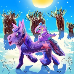 Size: 1280x1280 | Tagged: safe, artist:cutebrows, spike, twilight sparkle, dragon, pony, unicorn, g4, duo, female, horn, male, mare, riding, riding a pony, snow, tree, unicorn twilight, winter