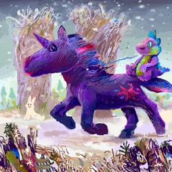 Size: 1280x1280 | Tagged: safe, artist:cutebrows, spike, twilight sparkle, dragon, pony, rabbit, unicorn, g4, animal, duo, female, horn, male, mare, riding, riding a pony, snow, tree, unicorn twilight, winter