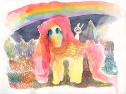 Size: 1198x893 | Tagged: safe, artist:cutebrows, angel bunny, fluttershy, pony, rabbit, g4, animal, duo, male, rainbow, riding, riding a pony, traditional art, watercolor painting