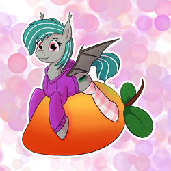 Size: 2050x2050 | Tagged: safe, artist:single purpose, oc, oc only, oc:malachite cluster, bat pony, bat pony oc, clothes, crossdressing, eyelashes, fangs, femboy, food, hoodie, looking at you, male, mango, socks, solo, striped socks