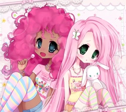 Size: 1282x1136 | Tagged: safe, artist:miidorichii, fluttershy, pinkie pie, human, g4, abstract background, anime, anime style, candy, clothes, duo, duo female, female, food, humanized, lollipop, moderate dark skin, moe, open mouth, open smile, plushie, shirt, sitting, stockings, thigh highs