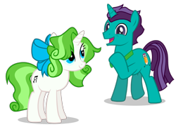 Size: 3262x2364 | Tagged: safe, artist:minty root, artist:stormdraws, edit, oc, oc only, oc:corpulent brony, oc:minty root, pony, unicorn, g4, alternate hairstyle, aroused, blue bow, blue eyes, blue sclera, bow, bowtie, colored sclera, corpumint, duo, duo male and female, excited, female, female oc, green mane, green tail, hair accessory, hair bow, high res, horn, long mane, long tail, looking up, male, male oc, mane accessory, mare, mare oc, oc redesign, oc x oc, shadow, shipping, show accurate, simple background, smiling, stallion, stallion oc, standing, straight, tail, transparent background, vector, white coat