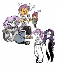 Size: 1803x2048 | Tagged: safe, artist:baegopayohungry, apple bloom, rarity, scootaloo, sweetie belle, human, equestria girls, g4, clothes, colored sketch, cutie mark crusaders, female, guitar, hoodie, musical instrument, siblings, simple background, singing, sisters, sketch, text, white background