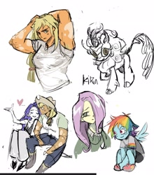 Size: 1803x2048 | Tagged: safe, artist:baegopayohungry, applejack, autumn blaze, fluttershy, rainbow dash, rarity, human, kirin, pony, equestria girls, g4, cloven hooves, colored sketch, female, humanized, lesbian, mare, ship:rarijack, shipping, simple background, sketch, text, white background, winged humanization, wings