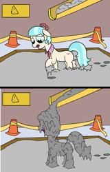 Size: 2000x3117 | Tagged: safe, artist:amateur-draw, coco pommel, earth pony, pony, g4, accident, bad end, cement, cocobuse, covered, female, go to sleep suri polomare, gunge, sign, solo, this will end in death, this will end in tears, this will end in tears and/or death, wet and messy