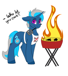 Size: 4500x5000 | Tagged: safe, artist:decemberbreeze, oc, oc only, oc:silver comet, pony, unicorn, apron, clothes, commission, ear fluff, fire, grill, horn, looking at you, mouth hold, simple background, solo, spatula, sweat, transparent background, unicorn oc, ych result