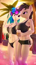 Size: 2880x5120 | Tagged: safe, artist:silkworm205, dj pon-3, octavia melody, vinyl scratch, earth pony, unicorn, anthro, series:silkworm205's weekly artwork 2024, g4, 3d, adidas, alternate hairstyle, beach, big breasts, breast size difference, breasts, busty octavia melody, butt, clothes, coffee cup, cup, duo, duo female, female, floppy ears, fluffy mane, fluffy tail, hairband, hand on hip, high res, horn, i'm not calling you good boy, lesbian, looking at someone, magic, medium support, meme, midriff, multicolored hair, palm tree, panties, reasonably sized breasts, revamped anthros, selfie, ship:scratchtavia, shipping, shorts, size difference, source filmmaker, speech bubble, sports bra, sports shorts, summer, sun, sunglasses, tail, telekinesis, tree, underwear