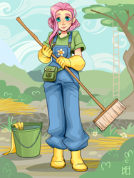 Size: 1200x1600 | Tagged: safe, artist:kavli-kaffel, fluttershy, human, g4, broom, bucket, clothes, female, gloves, grass, humanized, jumpsuit, rubber boots, rubber gloves, smiling, solo, tree