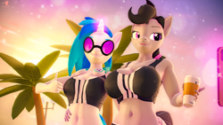 Size: 5120x2880 | Tagged: safe, artist:silkworm205, dj pon-3, octavia melody, vinyl scratch, earth pony, unicorn, anthro, series:silkworm205's weekly artwork 2024, g4, 3d, adidas, alternate hairstyle, beach, big breasts, breast size difference, breasts, busty octavia melody, clothes, coffee cup, cup, duo, duo female, female, floppy ears, fluffy mane, fluffy tail, hairband, hand on hip, high res, horn, lesbian, magic, medium support, meme, midriff, multicolored hair, palm tree, reasonably sized breasts, revamped anthros, selfie, ship:scratchtavia, shipping, size difference, source filmmaker, speech bubble, sports bra, summer, sun, sunglasses, tail, telekinesis, tree, wallpaper, wallpaper edit