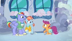 Size: 1280x720 | Tagged: safe, edit, edited screencap, screencap, bow hothoof, scootaloo, windy whistles, pegasus, pony, g4, parental glideance, bag, bowabetes, clothes, cute, cutealoo, female, filly, foal, freckles, jacket, looking at each other, looking at someone, male, mare, saddle bag, scrapbook, smiling, smiling at each other, spread wings, stallion, trio, windybetes, wings