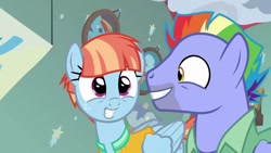 Size: 1280x720 | Tagged: safe, edit, edited screencap, screencap, bow hothoof, windy whistles, pegasus, pony, g4, parental glideance, bowabetes, clothes, cute, duo, female, freckles, grin, happy, jacket, looking at each other, looking at someone, male, mare, smiling, smiling at each other, stallion, windybetes