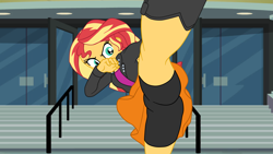 Size: 3377x1900 | Tagged: safe, artist:gmaplay, sunset shimmer, human, equestria girls, g4, boxer briefs, clothes, high kick, kicking, skirt, skirt lift, solo, underwear, upskirt