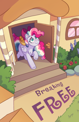 Size: 1405x2160 | Tagged: safe, artist:skysorbett, oc, oc only, oc:sky sorbet, pegasus, pony, comic:breaking free, bush, comic, comic cover, cover, cover art, female, flower, house, looking up, solo