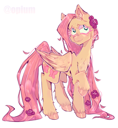 Size: 1200x1300 | Tagged: safe, artist:ldaller, fluttershy, pegasus, pony, g4, 2022, blush lines, blushing, chest fluff, colored ear fluff, colored eyebrows, colored eyelashes, colored hooves, ear fluff, female, flower, flower in hair, flower in tail, folded wings, hock fluff, hooves, leg fluff, lidded eyes, long mane, long tail, looking up, mare, pink eyelashes, pink hooves, raised hoof, shiny hooves, shiny mane, shiny tail, shoulder fluff, signature, simple background, smiling, solo, standing, standing on three hooves, tail, unshorn fetlocks, white background, white pupils, wing fluff, wings