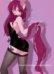 Size: 1198x1642 | Tagged: safe, artist:bluenyx, oc, oc only, oc:burgundy chalice, earth pony, anthro, black dress, clothes, dress, eyeshadow, female, looking back, makeup, prehensile tail, solo, stockings, tail, tail hold, thigh highs