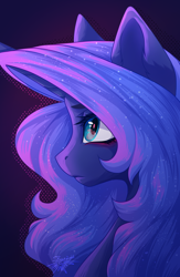 Size: 2000x3063 | Tagged: safe, artist:jsunlight, princess luna, alicorn, pony, g4, blue eyes, blue mane, ethereal mane, female, flowing mane, lidded eyes, mare, night, solo, sparkles, starry mane, stars