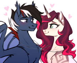 Size: 2301x1886 | Tagged: safe, artist:sparkling_light, oc, oc only, oc:fire spark, bat pony, pony, unicorn, duo, duo male and female, female, horn, lidded eyes, looking at each other, looking at someone, male, mare, oc x oc, shipping, stallion, straight