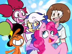 Size: 1175x875 | Tagged: safe, pinkie pie, earth pony, gem (race), human, humanoid, pony, g4, spoiler:the owl house, collector (species), crossover, eyes closed, female, group, human female, kill la kill, mako mankanshoku, male, mare, nonbinary, quintet, spinel, spinel (steven universe), spoilers for another series, steven universe, steven universe future, steven universe: the movie, the collector, the owl house, wander (wander over yonder), wander over yonder