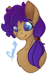 Size: 900x1377 | Tagged: safe, artist:trashpanda czar, oc, oc only, oc:high lander, pony, bust, chest fluff, ear fluff, eyebrows, eyebrows visible through hair, female, hair tie, mare, ponytail, portrait, procreate app, signature, simple background, smiling, transparent background