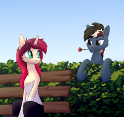 Size: 2256x2128 | Tagged: safe, artist:warest, oc, oc only, oc:fire spark, bat pony, pony, unicorn, bench, cute, day, duo, duo male and female, female, horn, male, nature, outdoors, red mane