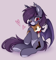 Size: 2112x2274 | Tagged: safe, artist:lerk, oc, oc only, oc:pestyskillengton, bat pony, cat, pony, animal, bat pony oc, bat wings, cute, female, hug, mare, sketch, solo, wings