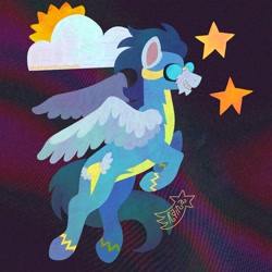 Size: 1440x1440 | Tagged: safe, artist:rainaintheclouds, soarin', pegasus, pony, g4, abstract background, blue coat, blue mane, blue tail, blue wingtips, chin fluff, clothes, cloud, colored pinnae, colored wings, colored wingtips, flying, goggles, light blue coat, lineless, long tail, male, signature, smiling, solo, spiky mane, spread wings, stallion, stars, sun, tail, two toned wings, uniform, wings, wonderbolts, wonderbolts uniform