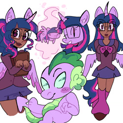 Size: 1280x1280 | Tagged: safe, artist:cyberbunnys-blog, spike, twilight sparkle, alicorn, dragon, human, pony, g4, alternate eye color, big eyes, blue sclera, blush scribble, blushing, brown eyes, brown nails, bust, cardigan, chibi, clothes, colored ear fluff, colored sclera, colored wings, colored wingtips, curved horn, dot eyes, duo, duo male and female, ear fluff, eared humanization, eye clipping through hair, eyebrows, eyebrows visible through hair, eyelashes, female, glasses, glowing, hands behind back, holding, horn, horned humanization, humanized, leg warmers, looking back, magic, male, moderate dark skin, painted nails, partially open wings, pink magic, pleated skirt, purple coat, purple eyes, purple wingtips, rectangular pupil, sailor uniform, shoes, simple background, skirt, smiling, square glasses, standing, teal pupils, three toned hair, three toned mane, twilight sparkle (alicorn), two toned wings, uniform, wall of tags, white background, winged humanization, wingless spike, wings